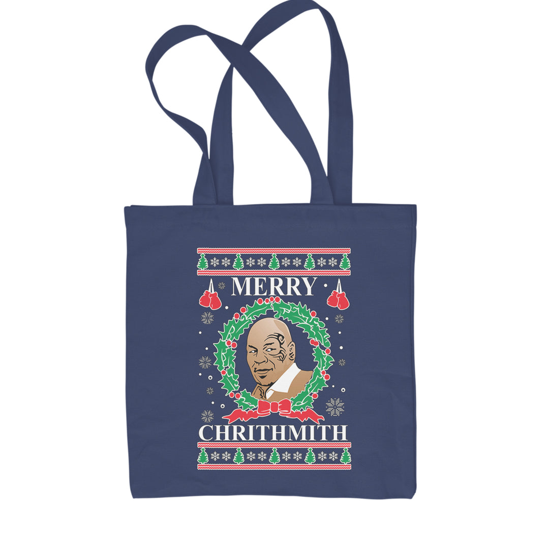 Classic Cotton Canvas Tote with "Merry Chrithmith" text, boxer portrait with gloves, wreath, and ugly-sweater trees and snowflakes pattern