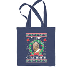 Classic Cotton Canvas Tote with "Merry Chrithmith" text, boxer portrait with gloves, wreath, and ugly-sweater trees and snowflakes pattern