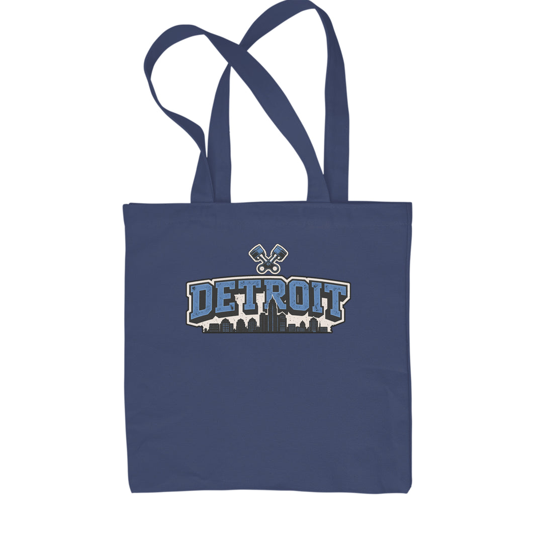 Detroit Motor City Retro Piston Shopping Tote Bag Navy Blue