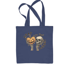 Stay Creepy Skull and Pumpkin Halloween Shopping Tote Bag Navy Blue