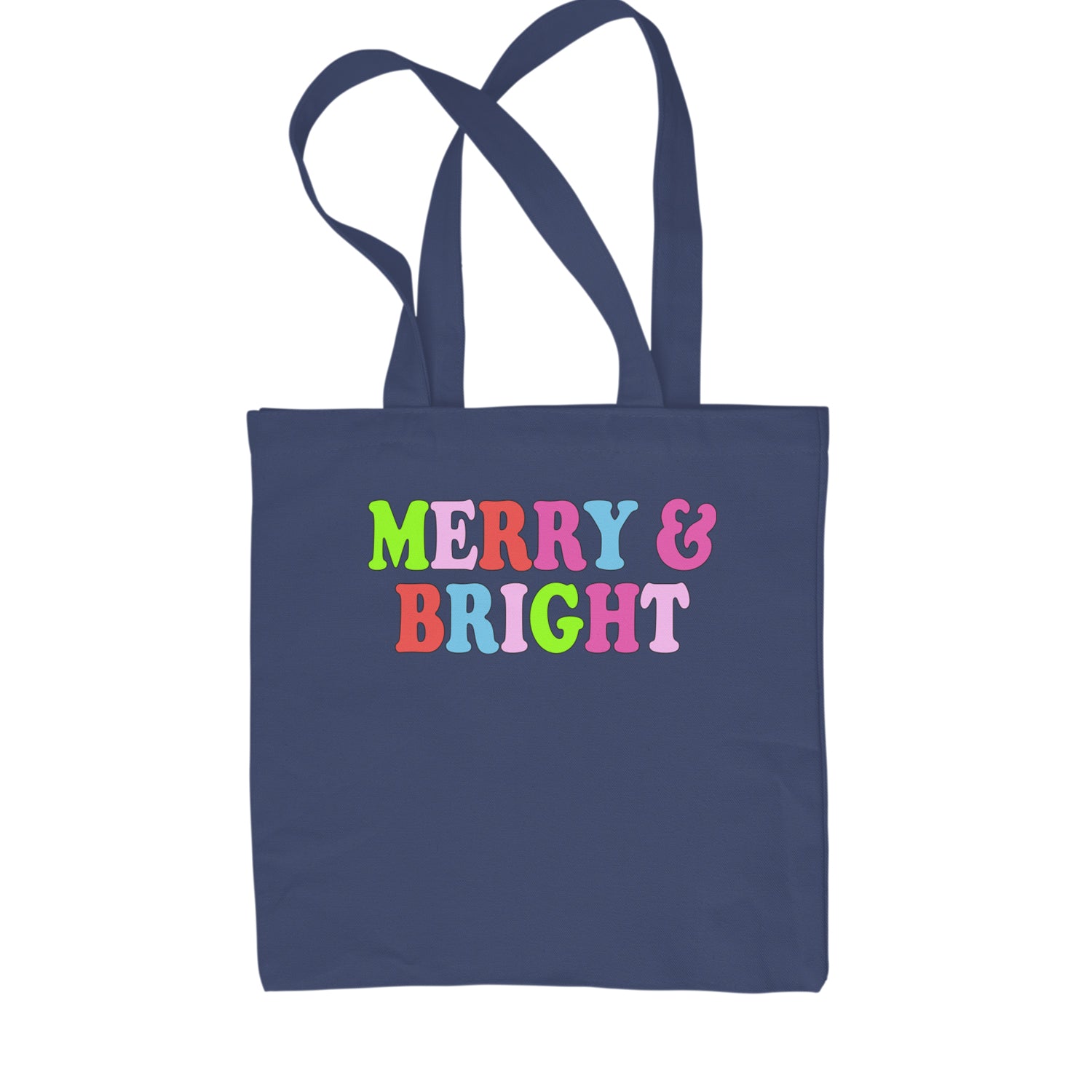 Merry and Bright Festive Christmas Holiday Shopping Tote Bag Navy Blue