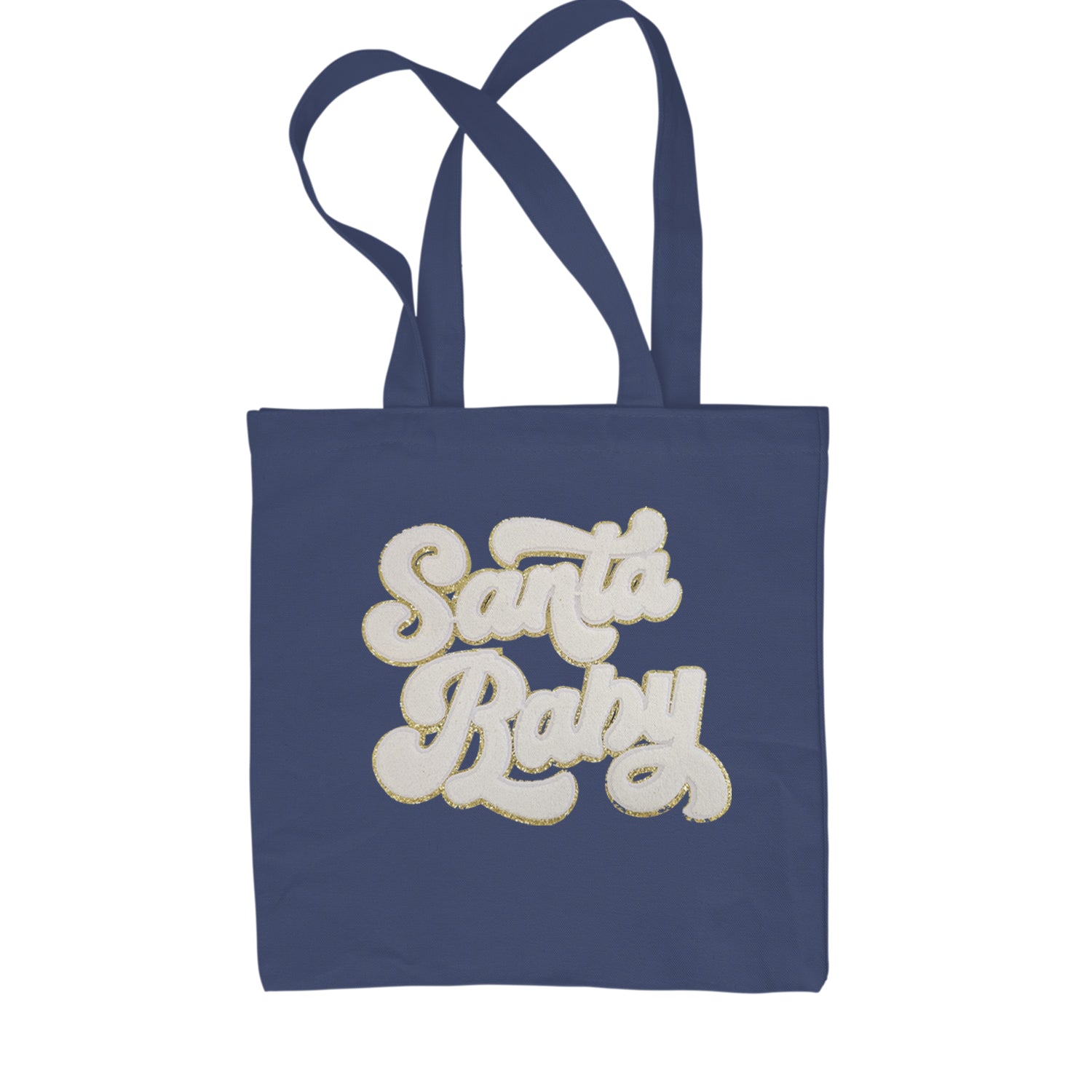 White Santa Baby Chenille Patch Shopping Tote Bag Navy Blue