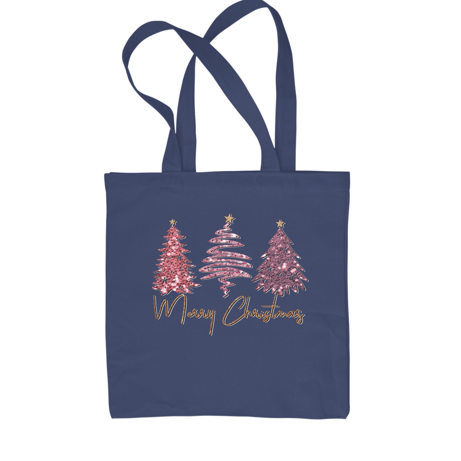 Merry Christmas Faux Glitter Trees Shopping Tote Bag Sky Blue