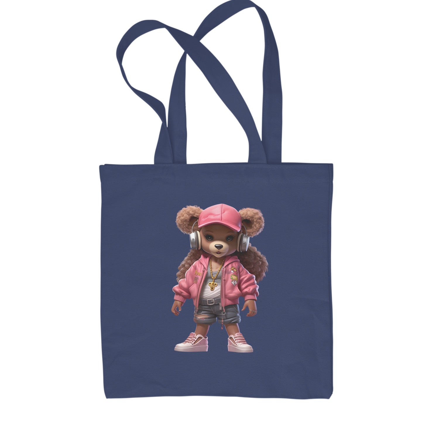 Pink Female Urban Graffiti Bear Shopping Tote Bag Navy Blue