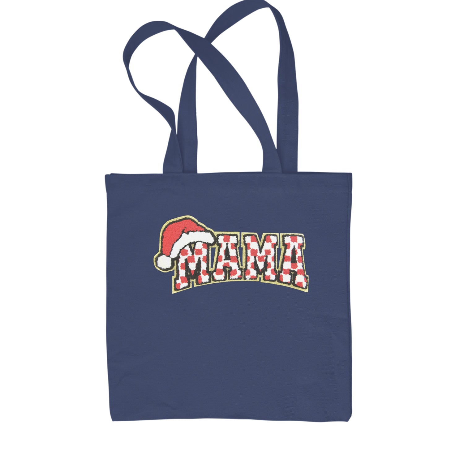 Mama Santa Hat Chenille Patch Shopping Tote Bag Navy Blue