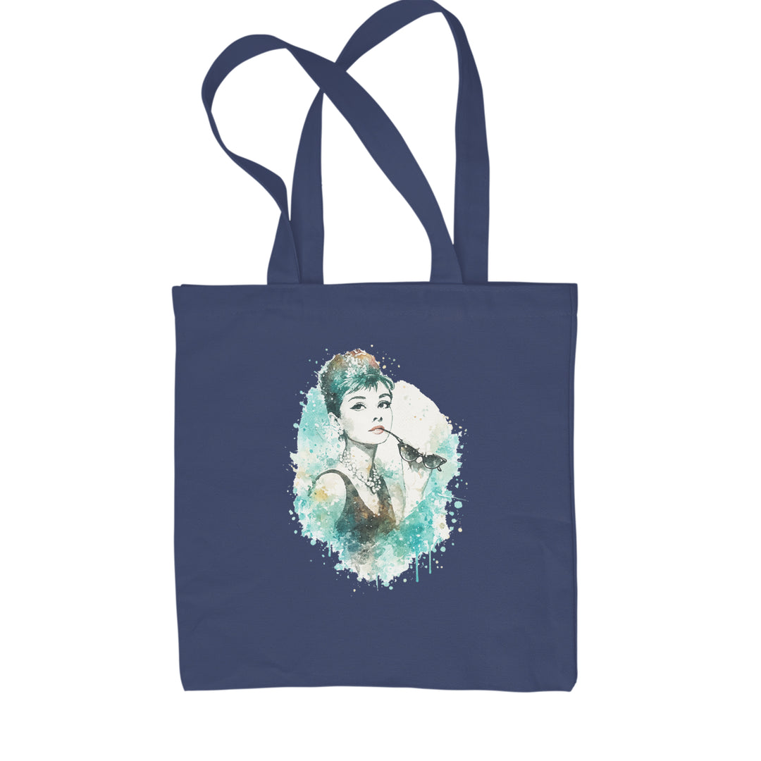 Mrs. Herpburn Iconic Watercolors Shopping Tote Bag Navy Blue