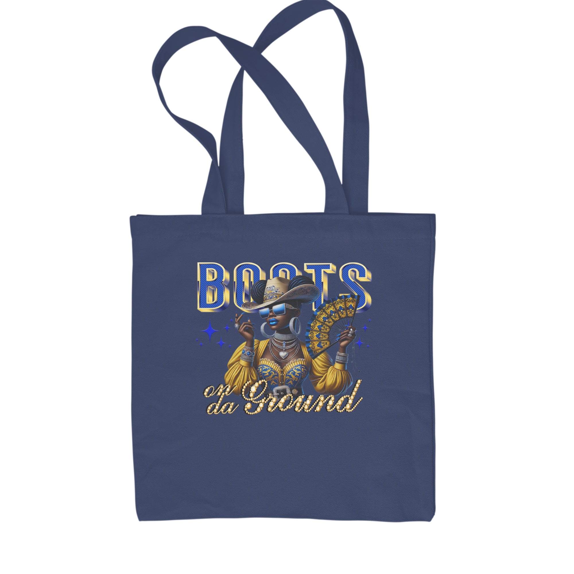 Boots On Da Ground Folding Fan Shopping Tote Bag Navy Blue