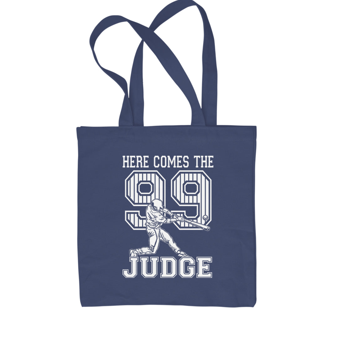 Classic Cotton Canvas Tote featuring a baseball batter mid-swing with bold 99 and "HERE COMES THE 99 JUDGE" wording