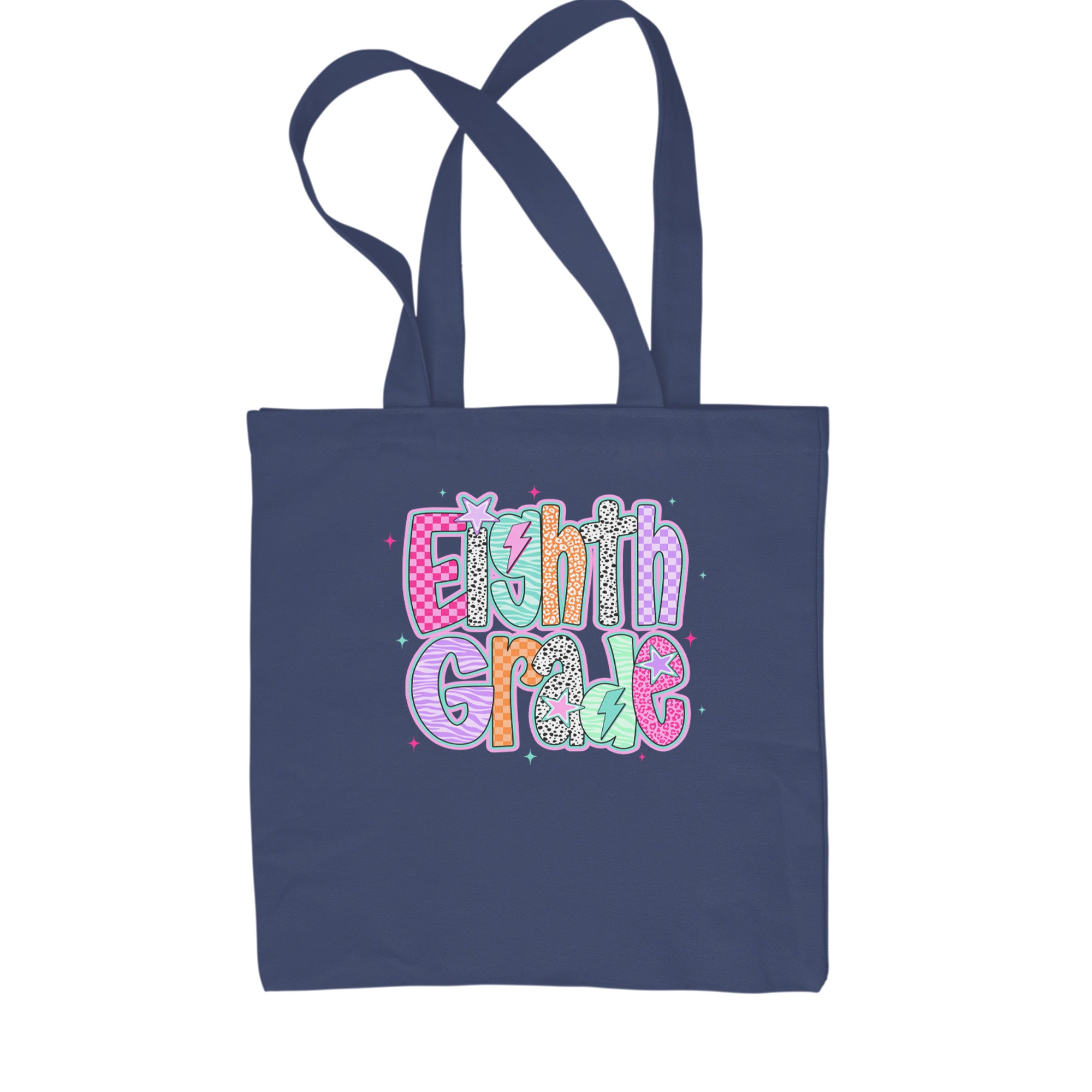 Eighth Grade Energy Colorful Back to School Shopping Tote Bag Navy Blue