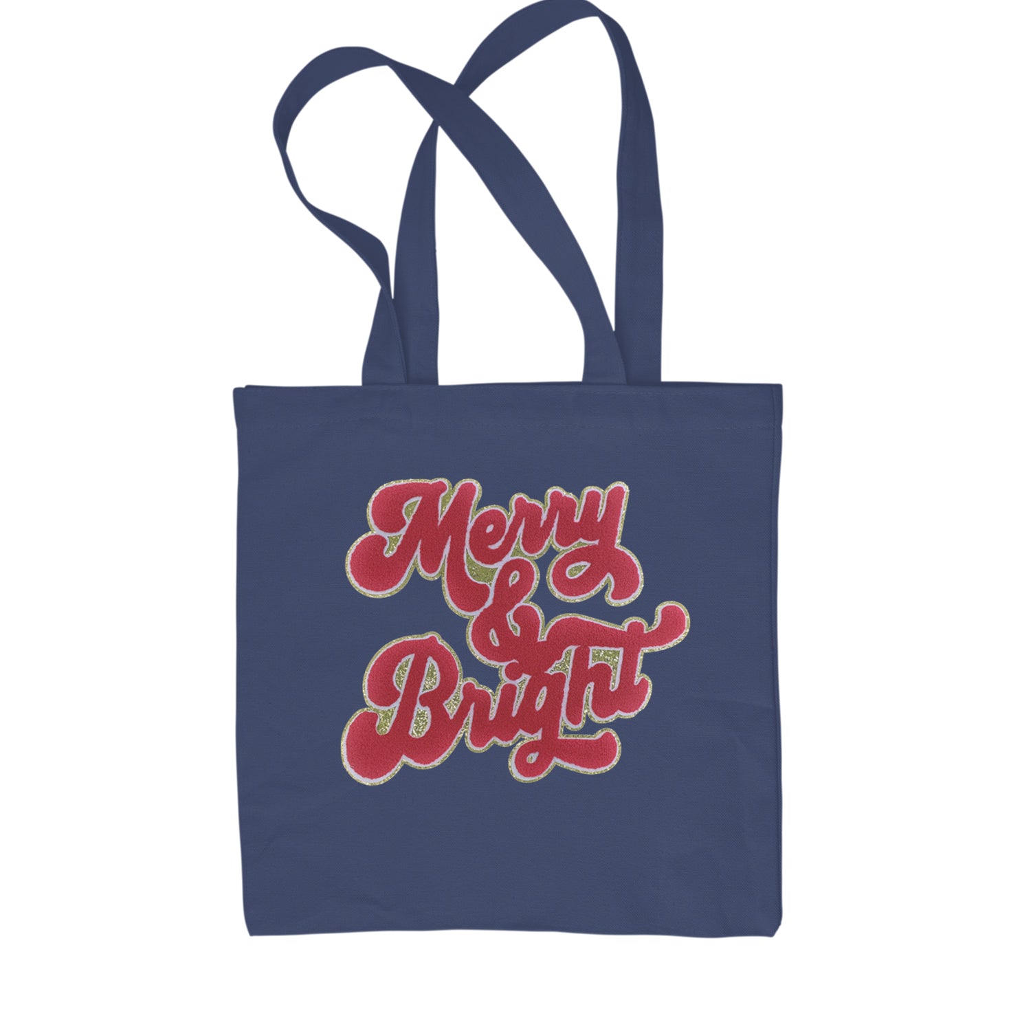 Merry & Bright Chenille Glitter Shopping Tote Bag Navy Blue