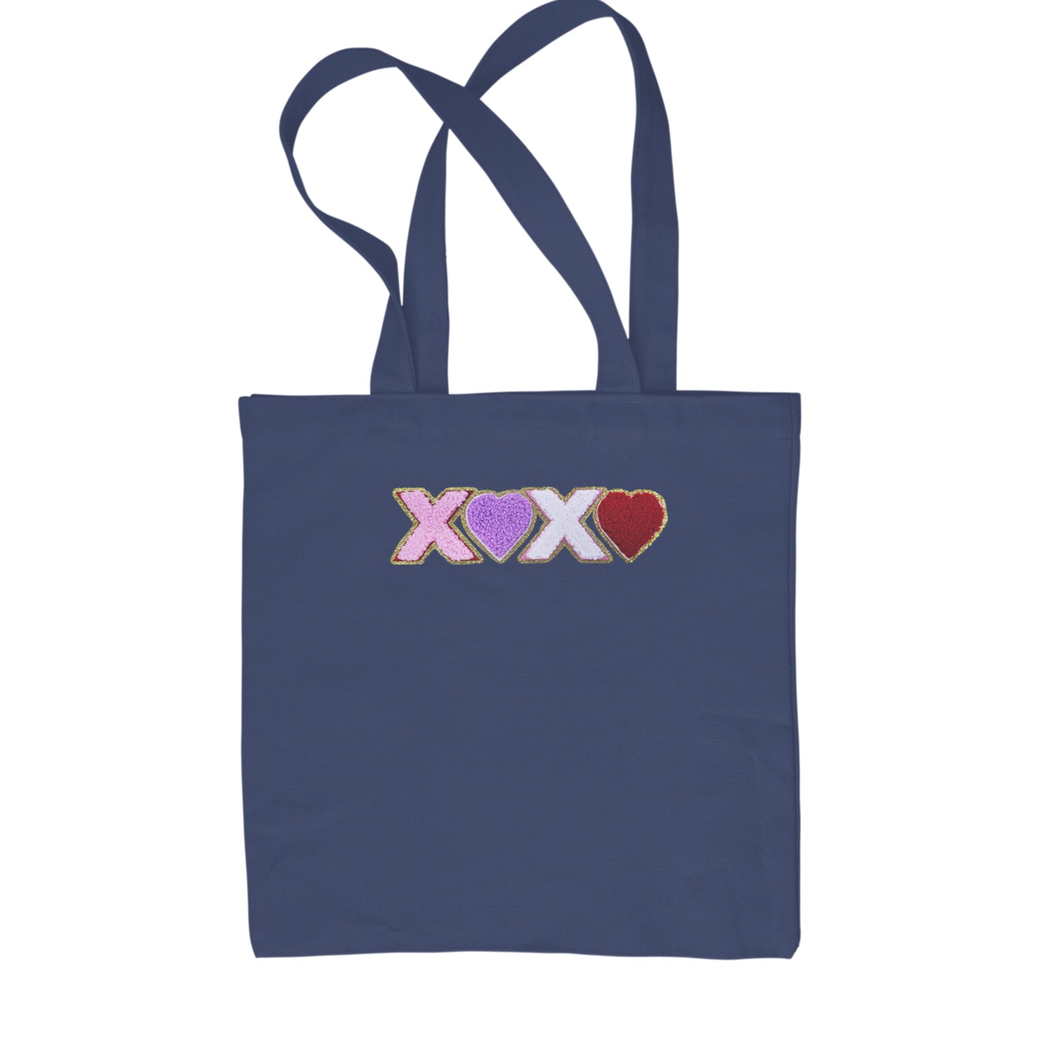 XOXO Chenille Patch Valentines Days Shopping Tote Bag Navy Blue