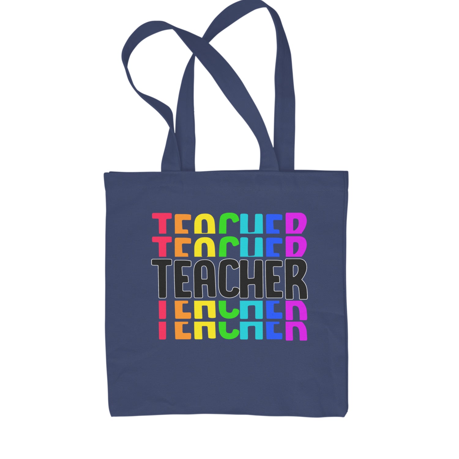 Teacher Repeated Rainbow Pattern Shopping Tote Bag Navy Blue