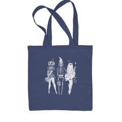 Vintage Spooky Squad Pinup Halloween Design Shopping Tote Bag Navy Blue