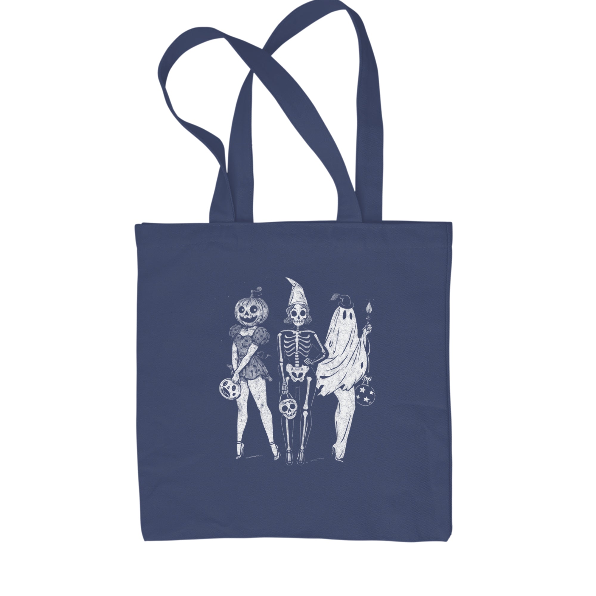 Vintage Spooky Squad Pinup Halloween Design Shopping Tote Bag Navy Blue