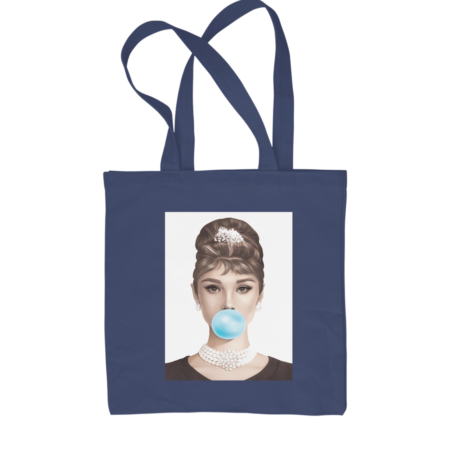 Audrey Hepburn Chewing Bubble Gum American Icon Shopping Tote Bag Navy Blue