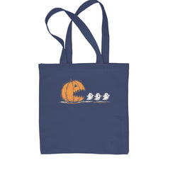 Pumpkin Pacman Chasing Ghosts Halloween Shopping Tote Bag Navy Blue