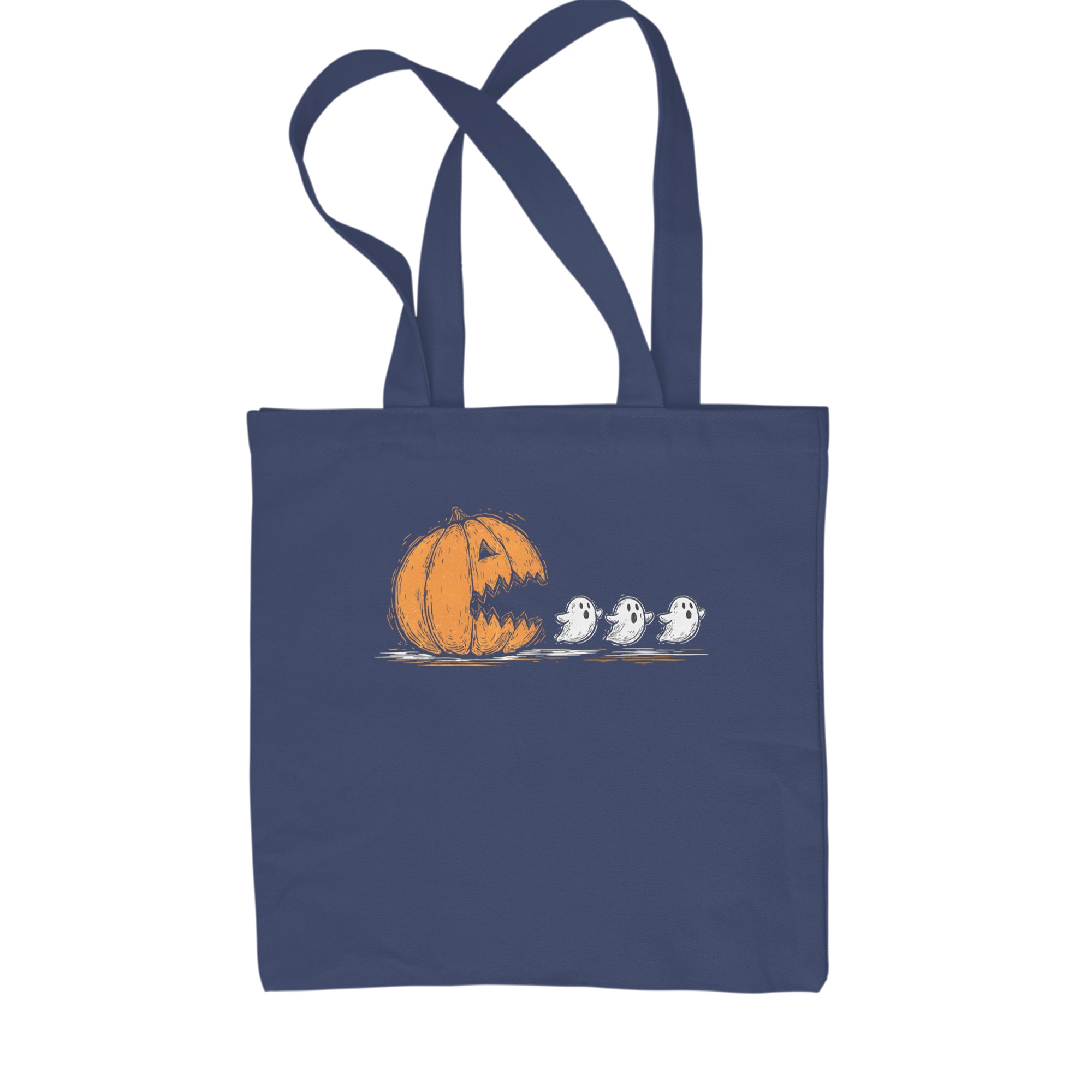 Pumpkin Pacman Chasing Ghosts Halloween Shopping Tote Bag Navy Blue