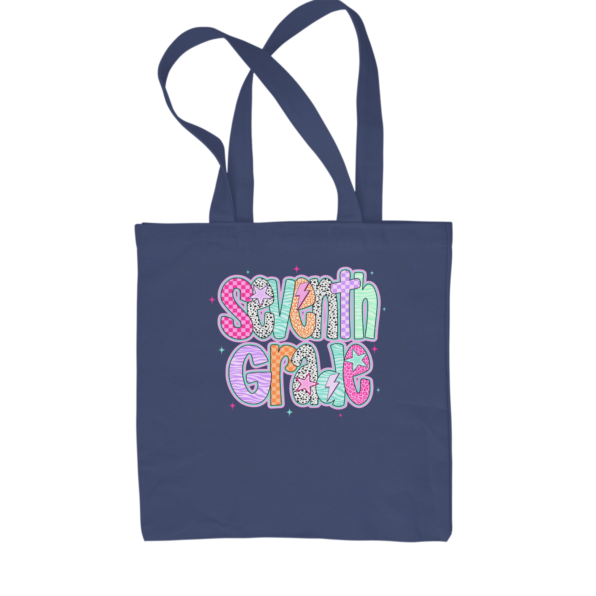 Seventh Grade Swagger Colorful Back to School Shopping Tote Bag Navy Blue