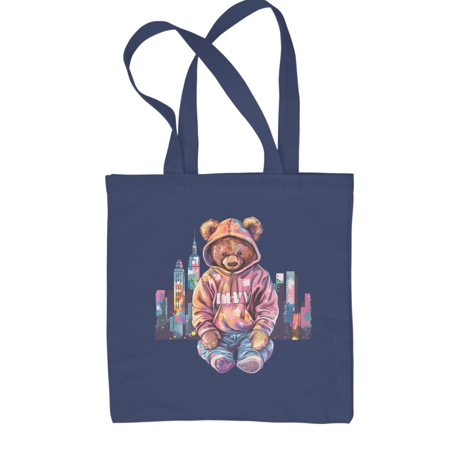 City Skyline Urban Graffiti Bear Shopping Tote Bag Navy Blue