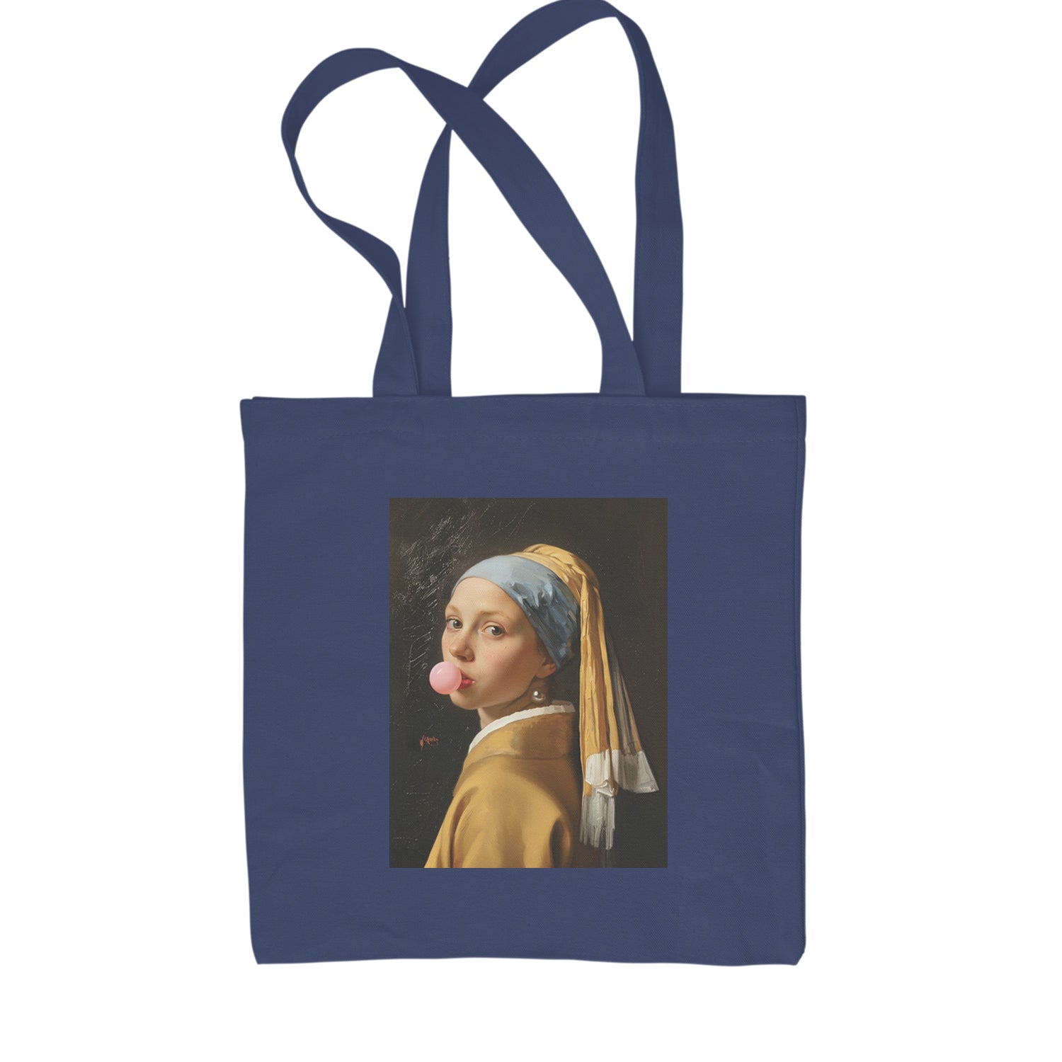 Girl with a Pearl Earring Bubble Gum Contemporary Art Shopping Tote Bag Navy Blue