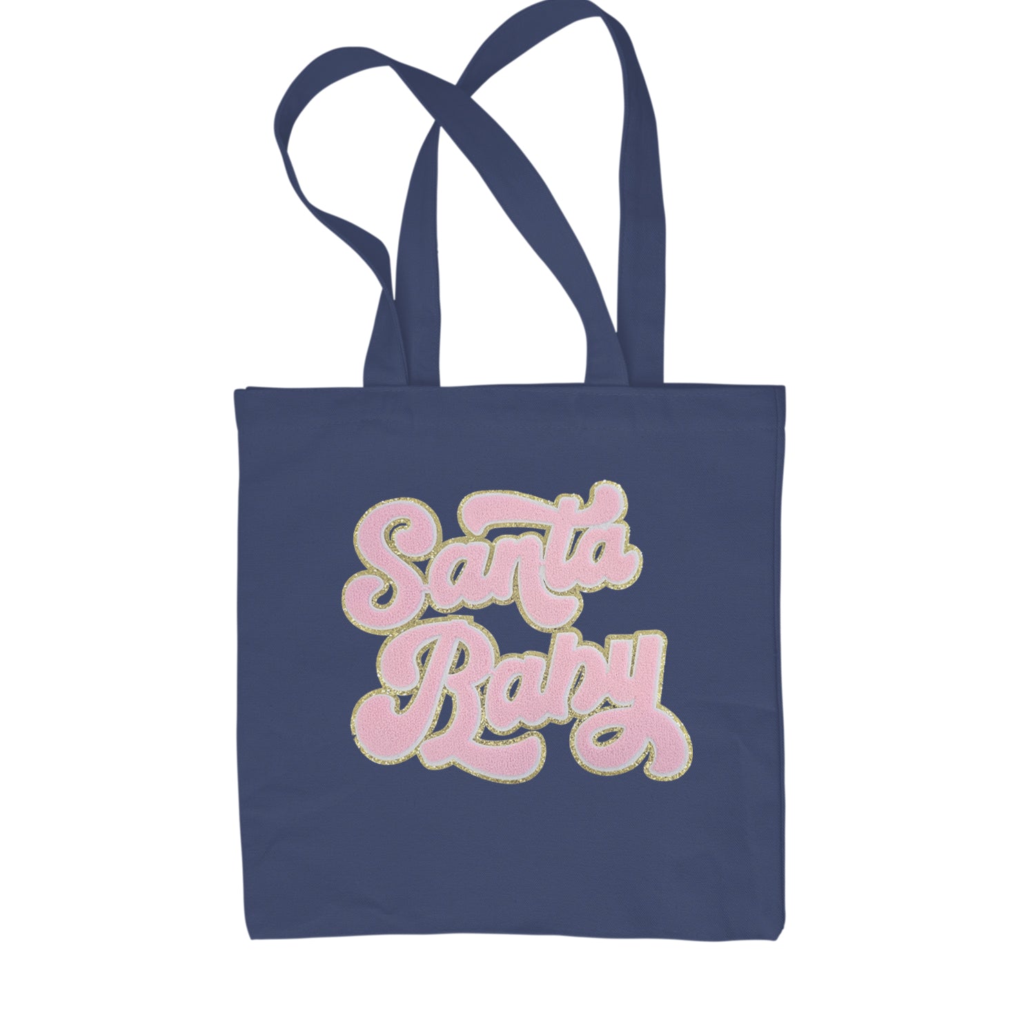 Pink Santa Baby Chenille Patch Shopping Tote Bag Navy Blue