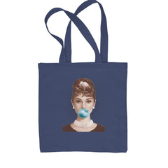 Audrey Hepburn Chewing Bubble Gum American Icon Shopping Tote Bag Navy Blue