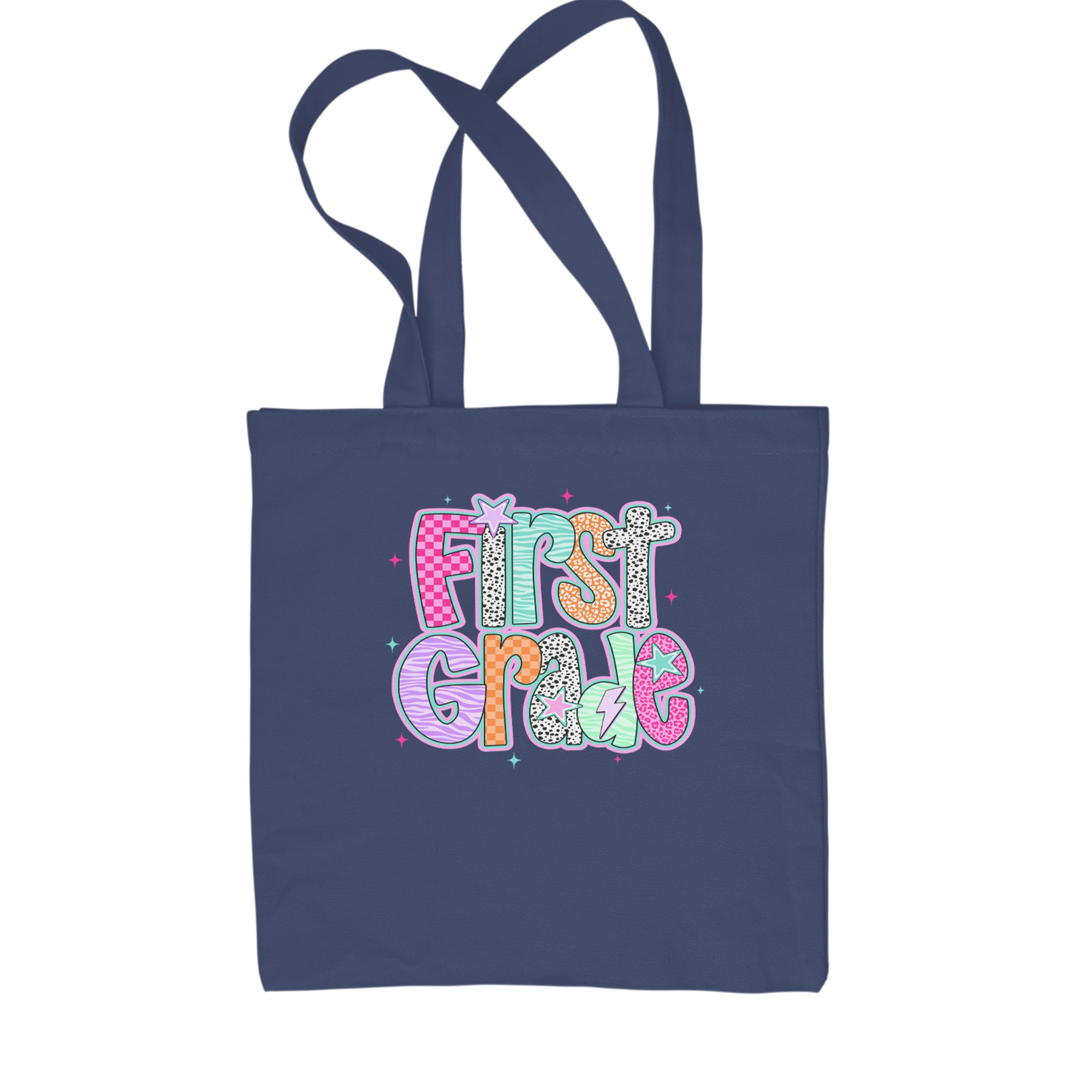 First Grade Vibes Colorful Back to School Shopping Tote Bag Navy Blue