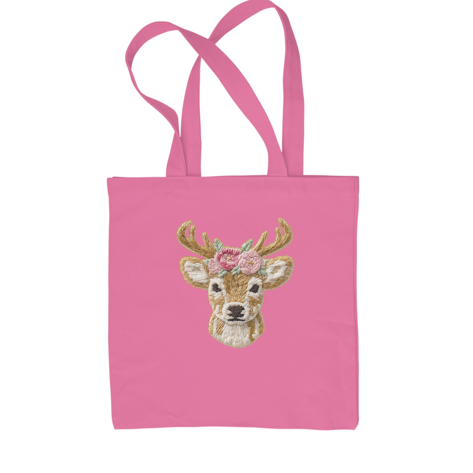 Vintage Reindeer Embroidery Art Soft Cottagecore Shopping Tote Bag Pink