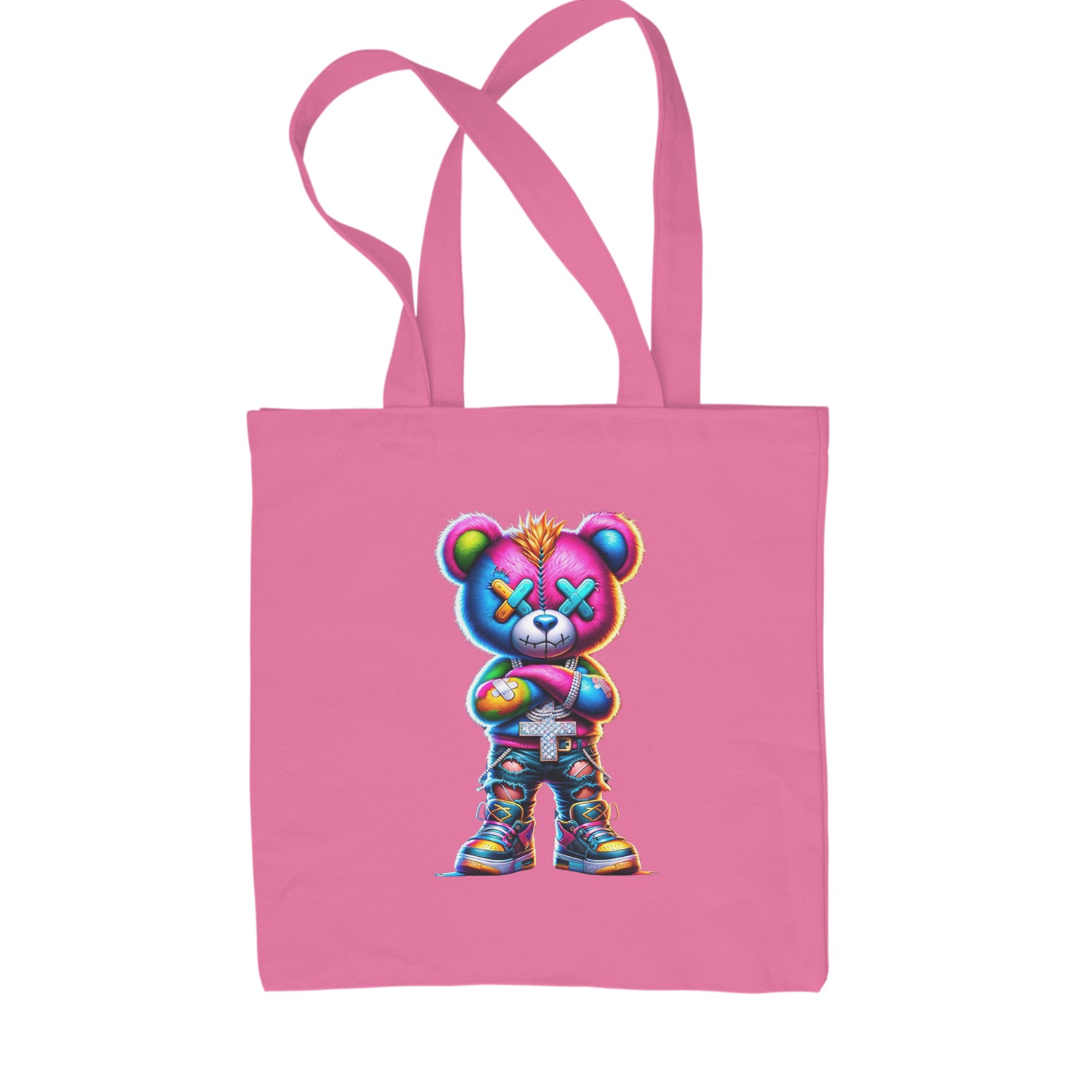 Stitched Neon Urban Graffiti Bear Shopping Tote Bag Pink