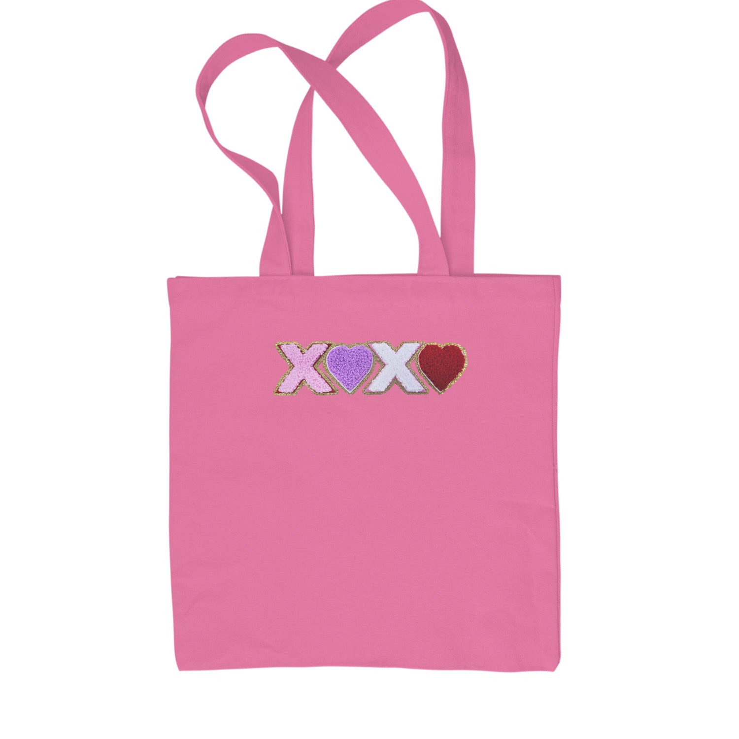 XOXO Chenille Patch Valentines Days Shopping Tote Bag Pink