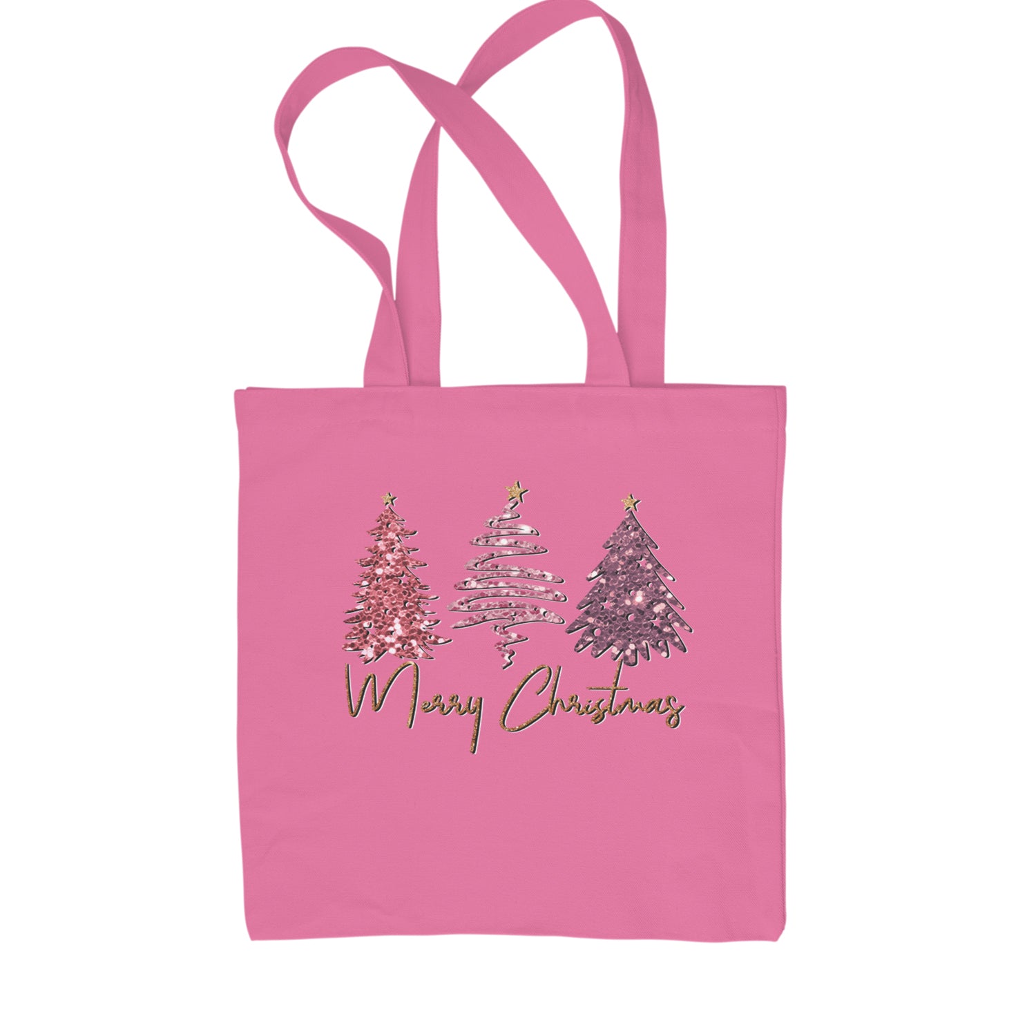 Merry Christmas Faux Glitter Trees Shopping Tote Bag Pink