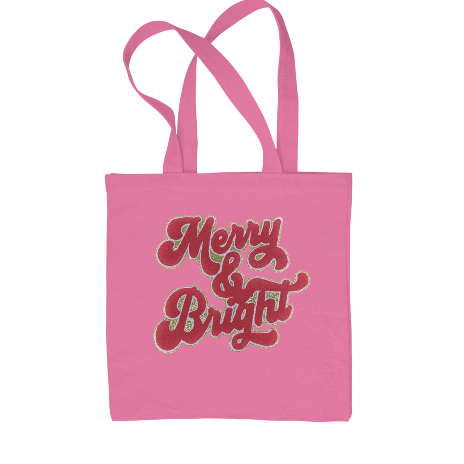 Merry & Bright Chenille Glitter Shopping Tote Bag Pink