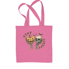 Stay Creepy Skull and Pumpkin Halloween Shopping Tote Bag Pink