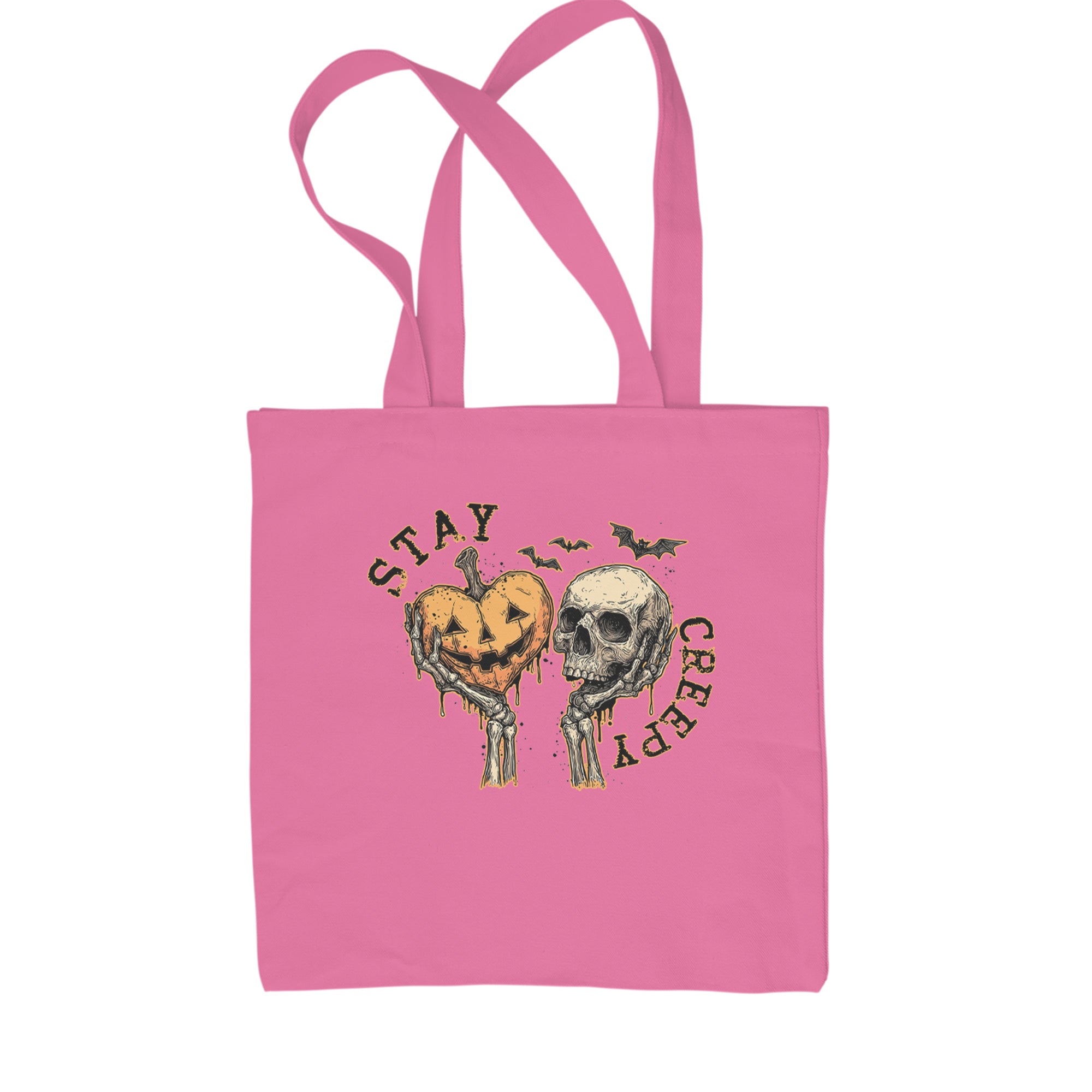Stay Creepy Skull and Pumpkin Halloween Shopping Tote Bag Pink