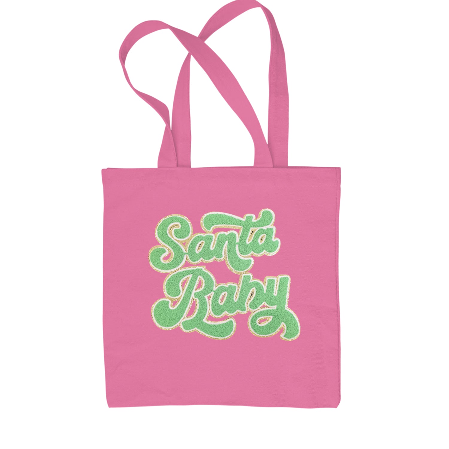 Green Santa Baby Chenille Patch Shopping Tote Bag Pink