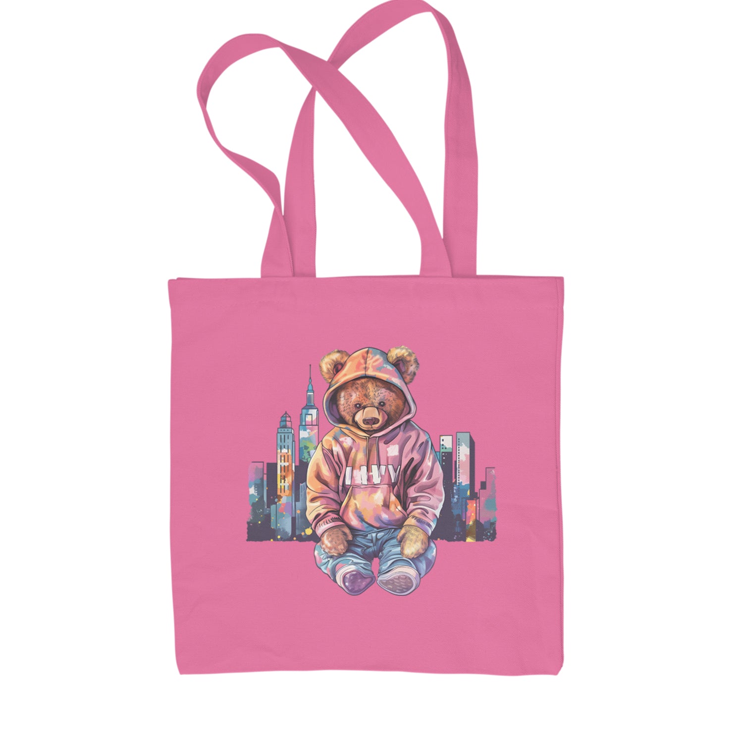 City Skyline Urban Graffiti Bear Shopping Tote Bag Pink