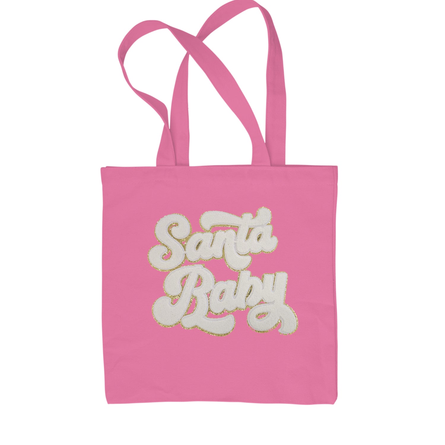 White Santa Baby Chenille Patch Shopping Tote Bag Pink