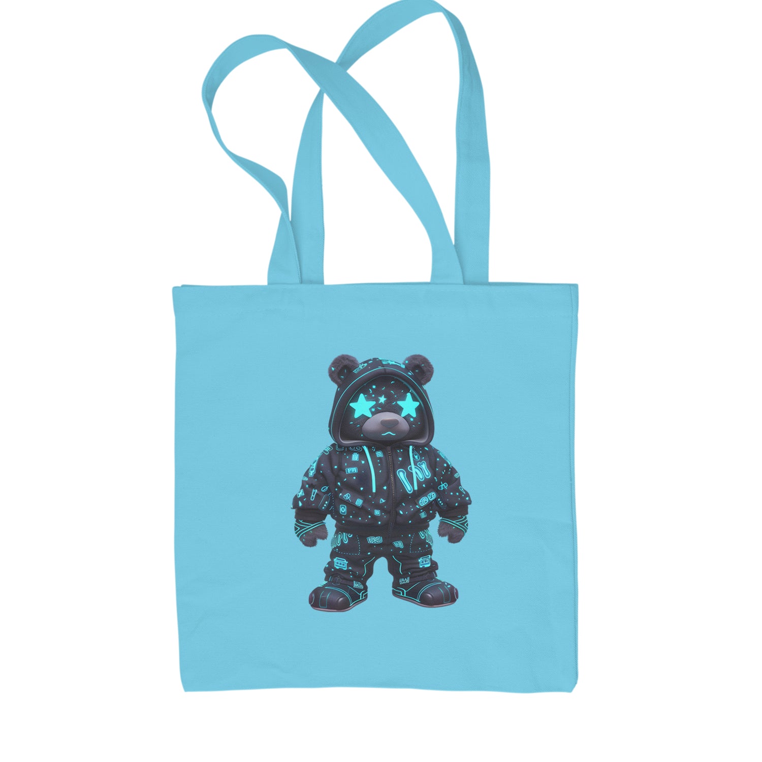 Starry Eyed Vaporwave Urban Graffiti Bear Shopping Tote Bag Sky Blue