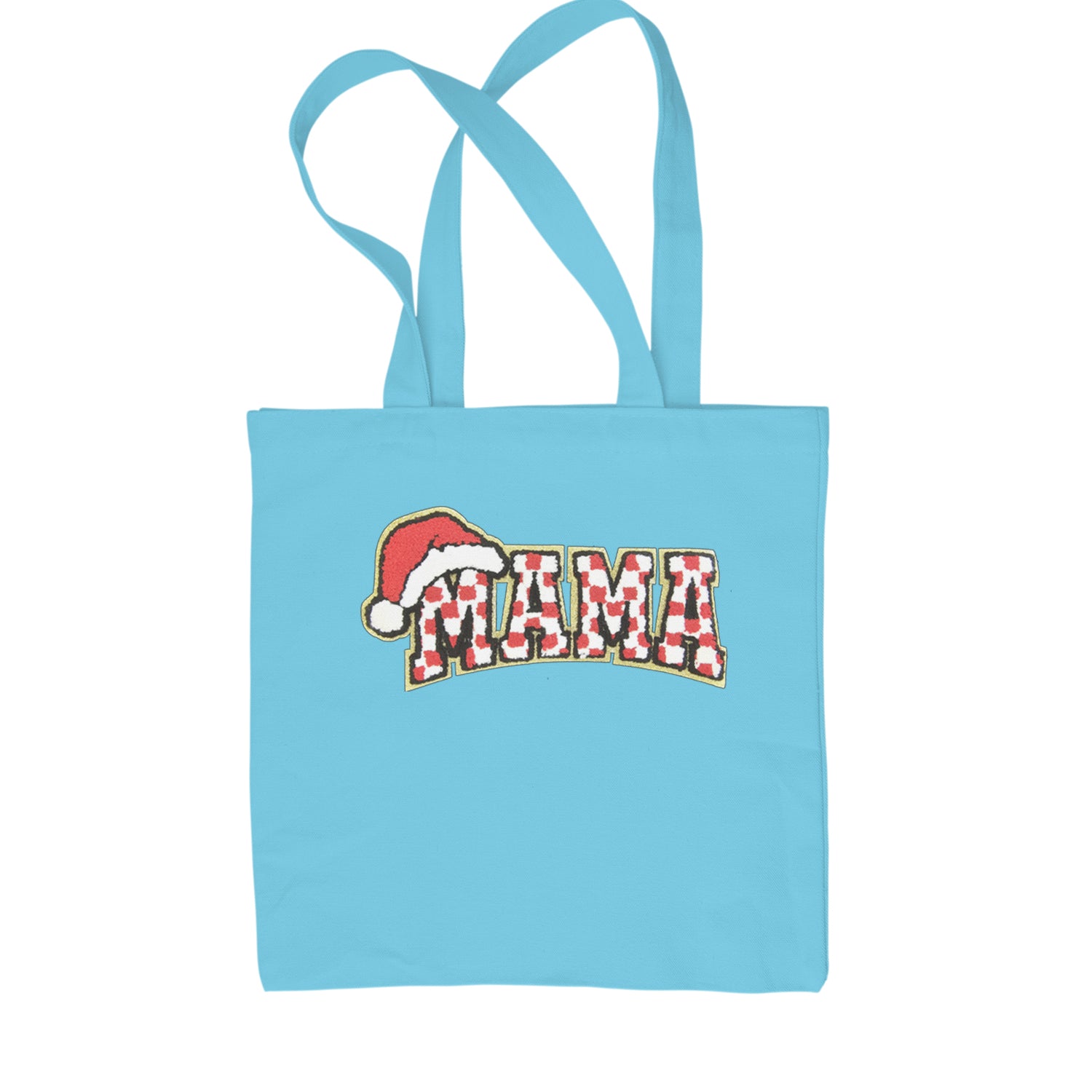 Mama Santa Hat Chenille Patch Shopping Tote Bag Sky Blue