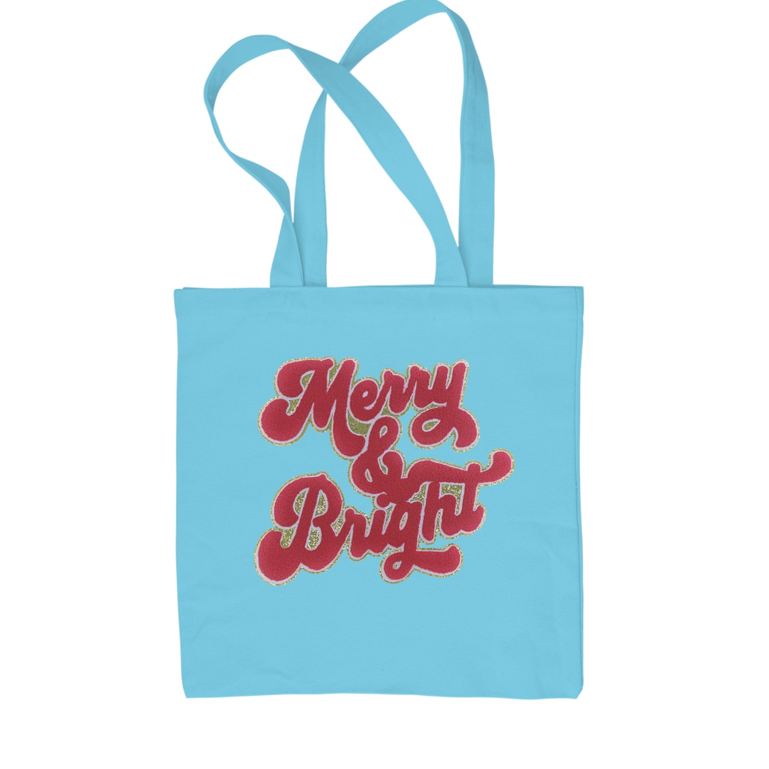 Merry & Bright Chenille Glitter Shopping Tote Bag Sky Blue