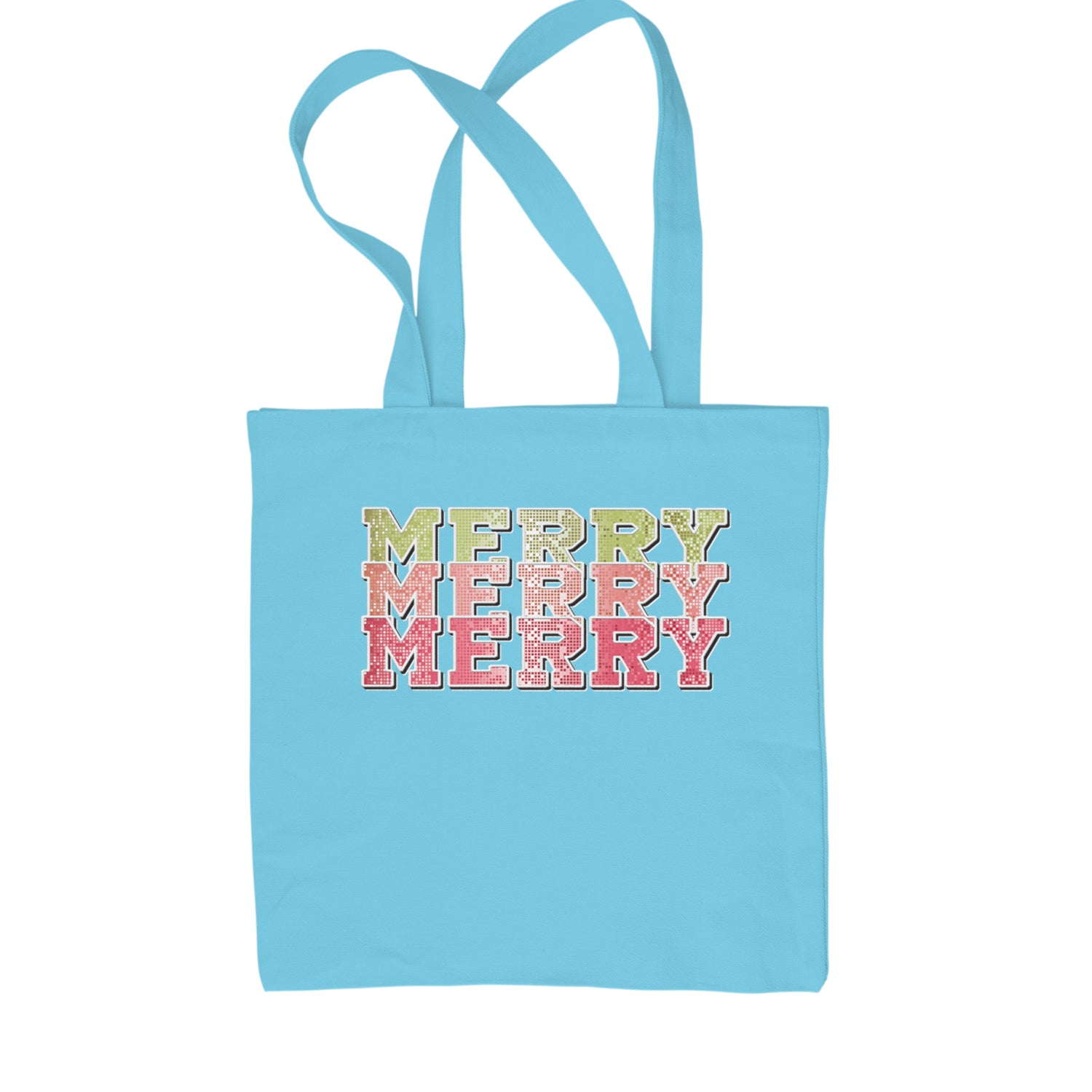 Merry Merry Merry Faux Sequins Shopping Tote Bag Sky Blue