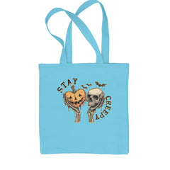 Stay Creepy Skull and Pumpkin Halloween Shopping Tote Bag Sky Blue