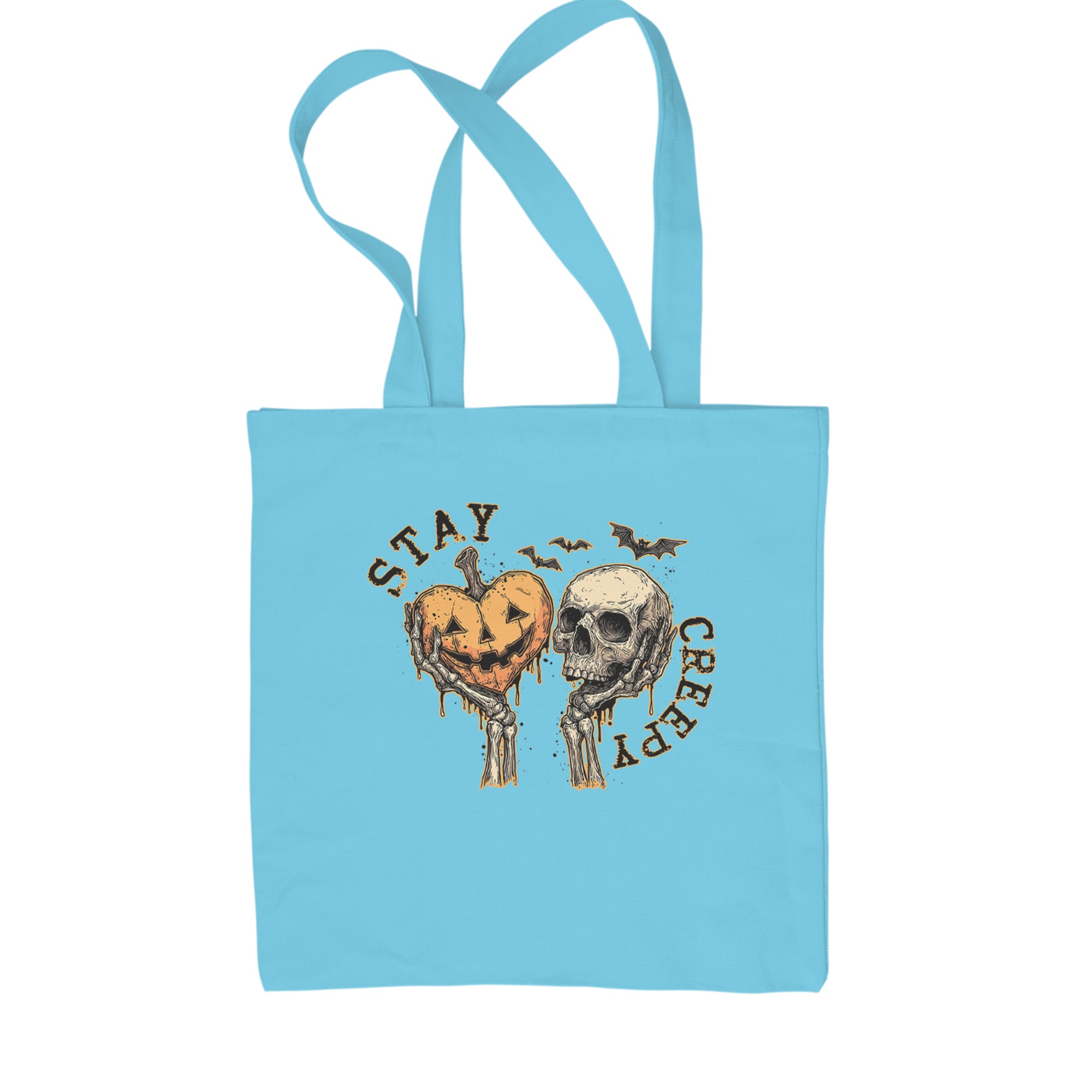 Stay Creepy Skull and Pumpkin Halloween Shopping Tote Bag Sky Blue