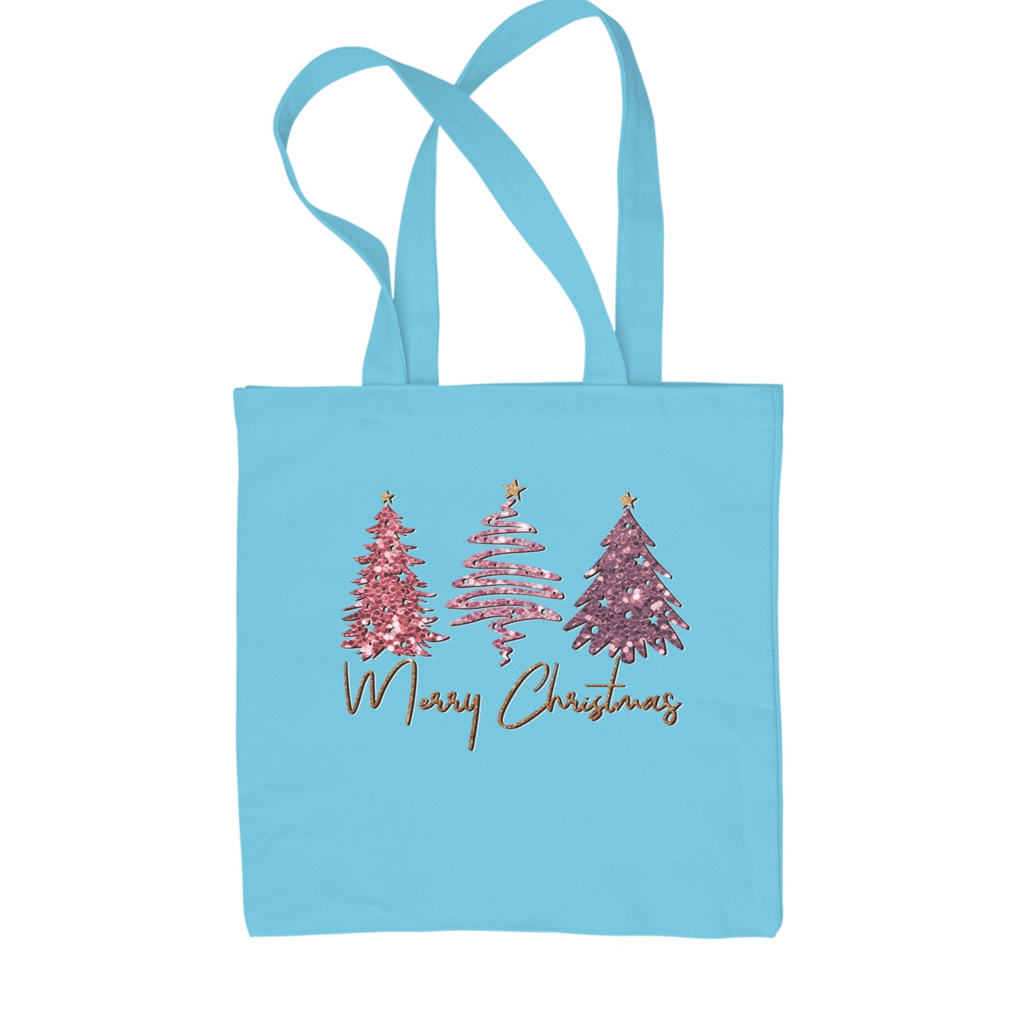 Merry Christmas Faux Glitter Trees Shopping Tote Bag Sky Blue