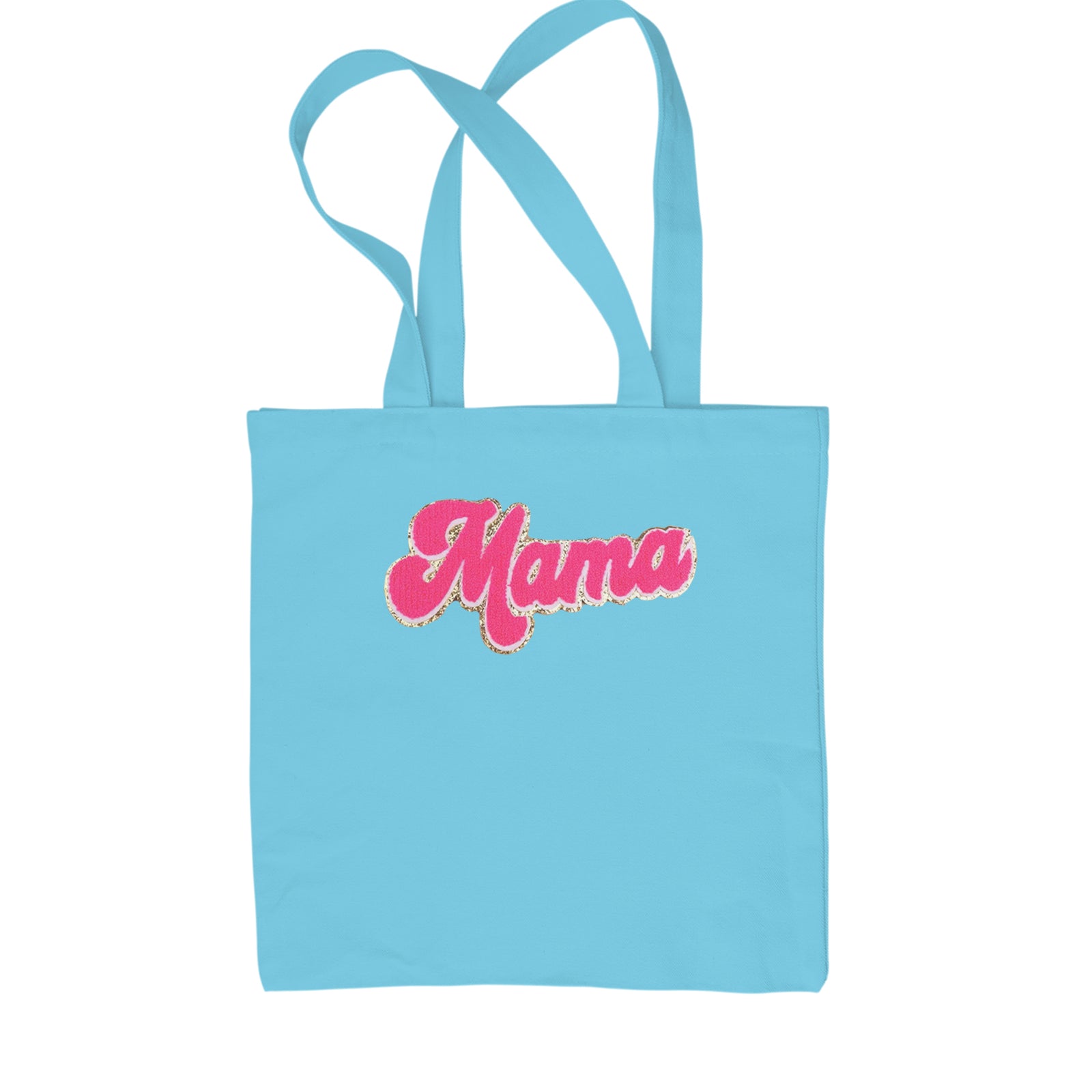 Mama Hot Pink Glitter Chenille Patch Shopping Tote Bag Sky Blue