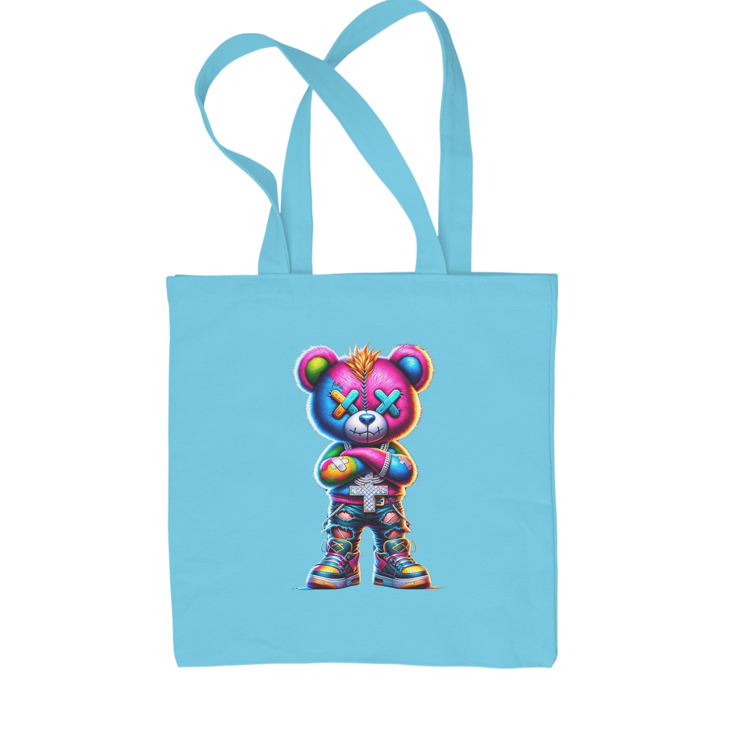 Stitched Neon Urban Graffiti Bear Shopping Tote Bag Sky Blue