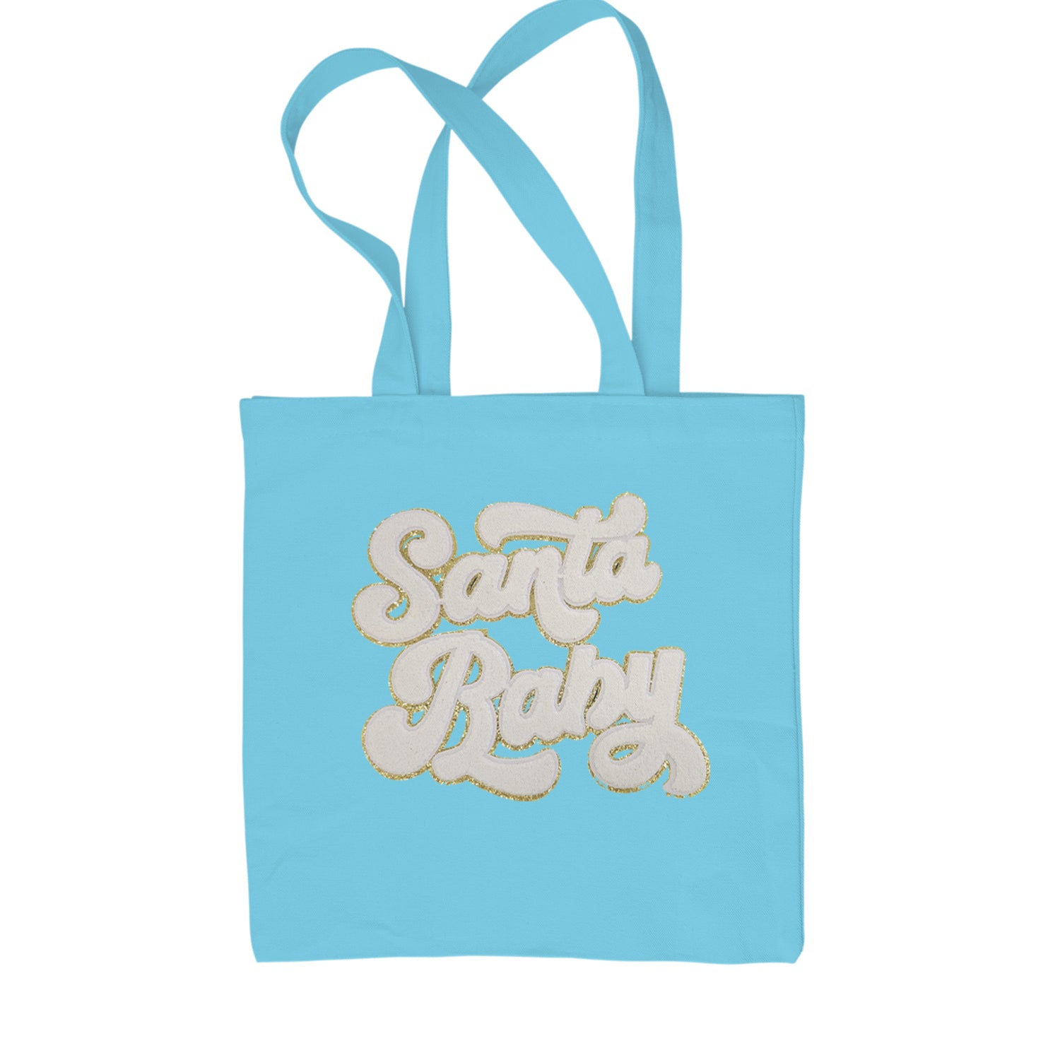 White Santa Baby Chenille Patch Shopping Tote Bag Sky Blue