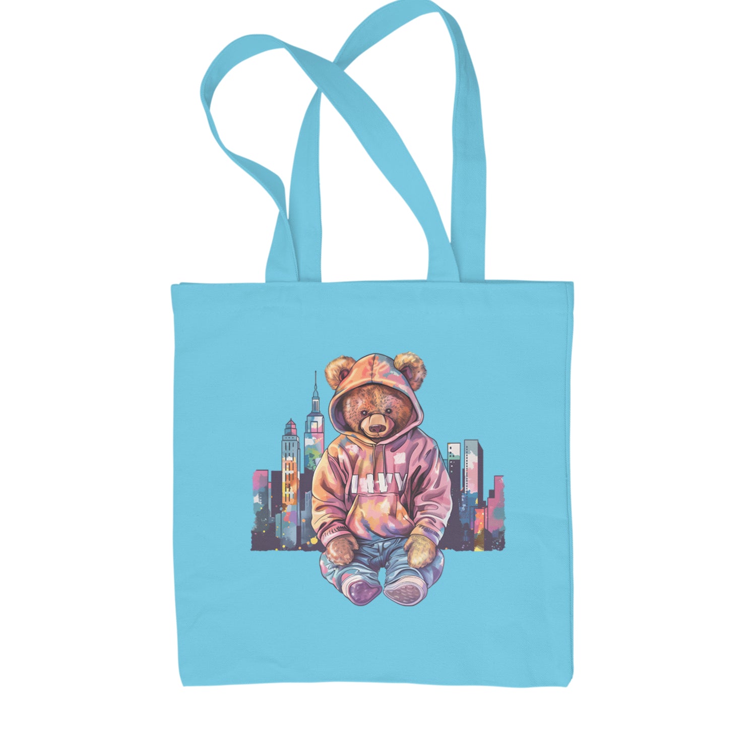 City Skyline Urban Graffiti Bear Shopping Tote Bag Sky Blue