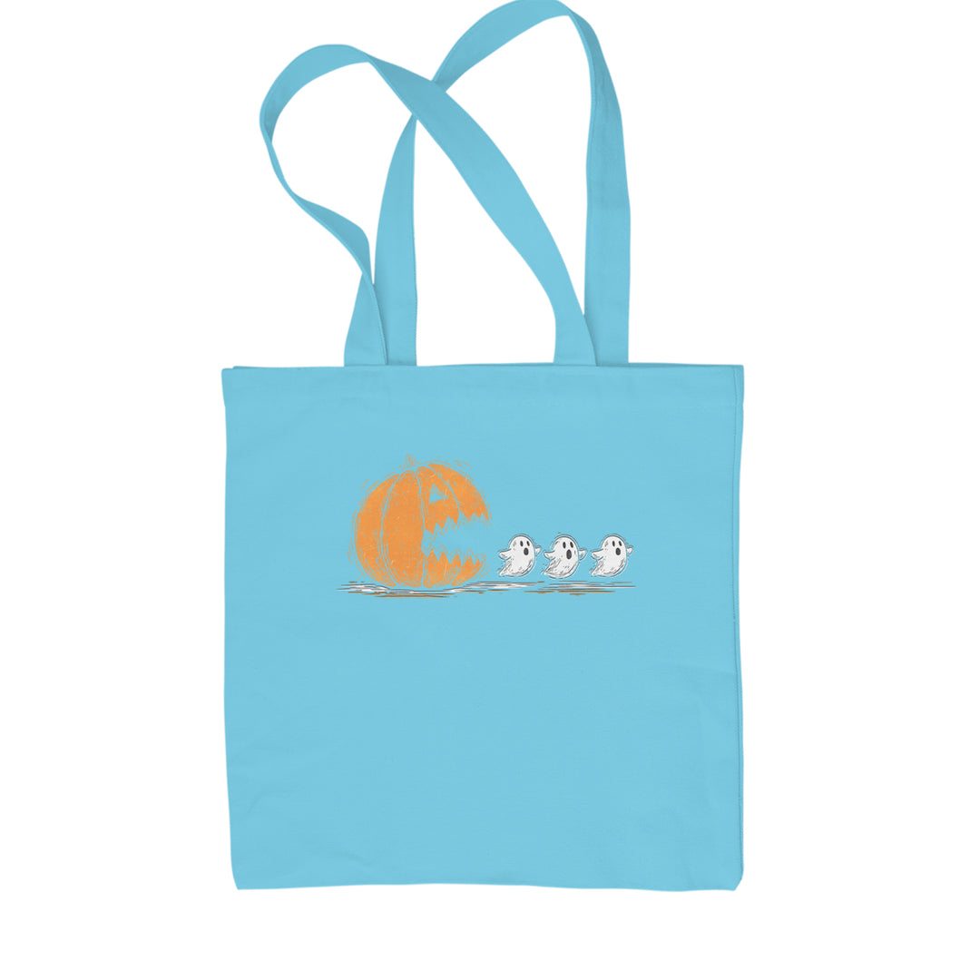 Pumpkin Pacman Chasing Ghosts Halloween Shopping Tote Bag Sky Blue