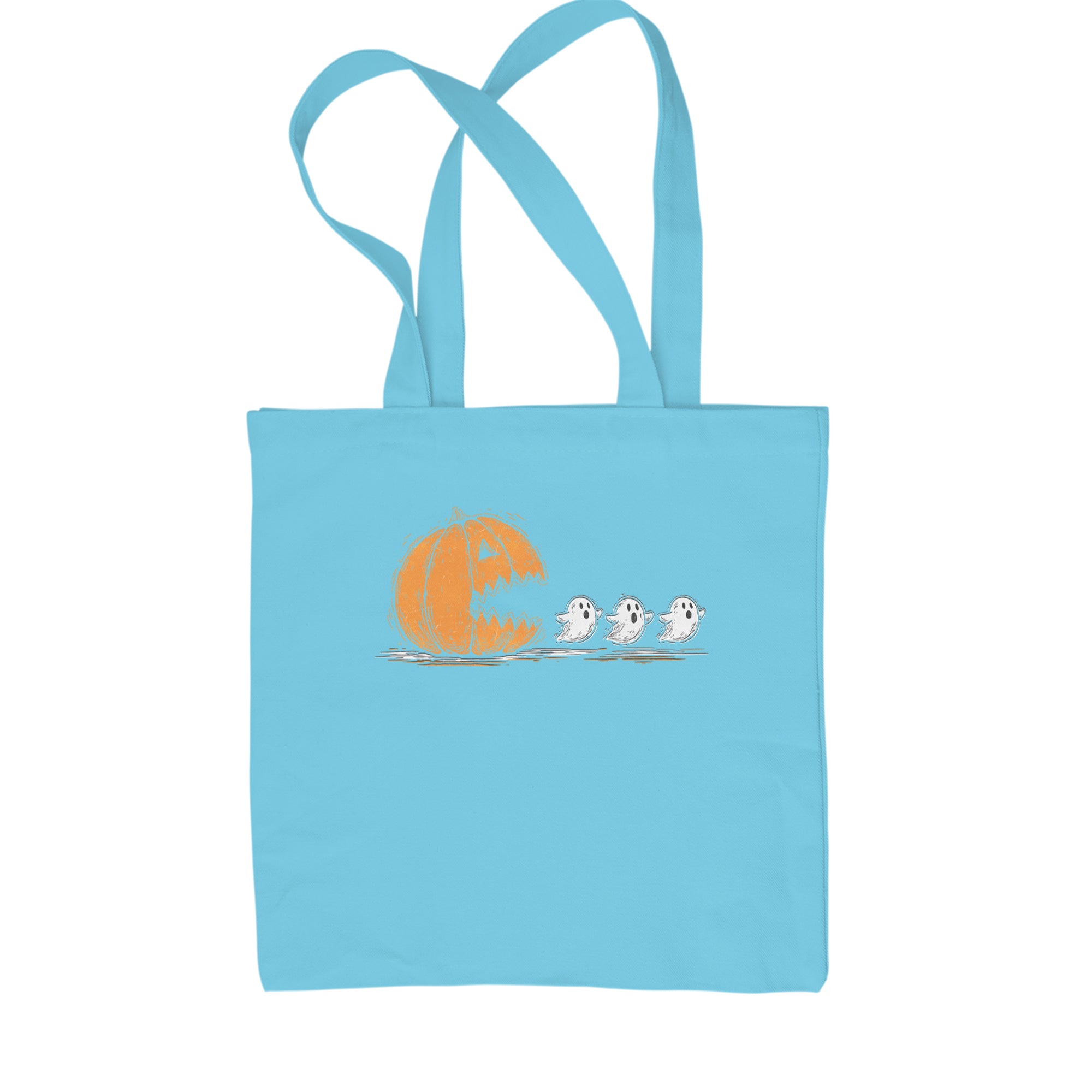 Pumpkin Pacman Chasing Ghosts Halloween Shopping Tote Bag Sky Blue